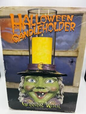 Vintage Halloween Grinning Witch Candle Holder Glass Cylinder Costco New In Box